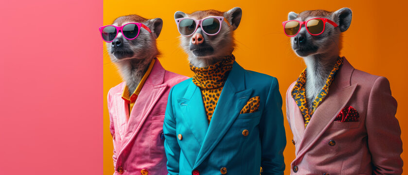 Three meerkats dressed in bright, colorful suits and sunglasses posing with attitude on a vibrant orange background
