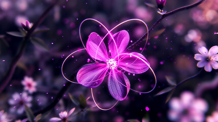 une fleur à 5 pétale entouré par des traits qui représentent des trajectoires de particules pour montrer la perfection de la nature