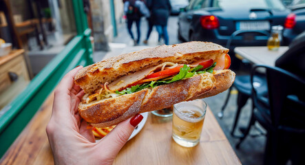 une main de femme tient un sandwich baguette dans une rue parisienne, nourriture typique