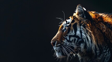 Close up side view of tiger against a dark background