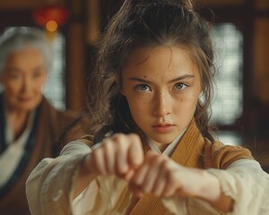 Cinematic still of young girl learning martial arts from her grandmother on Womens Day.