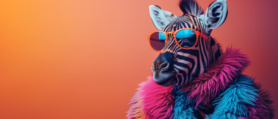 A zebra wears cool sunglasses and a vibrant fur coat, creating a funky and stylish look on a gradient backdrop