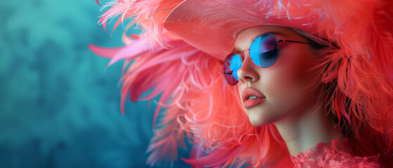 Mystery ensues as a hidden face is surrounded by pink feathers against a deep teal background
