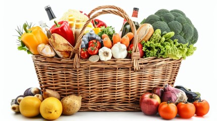 A large wicker basket brimming with assorted grocery items, isolated on a white canvas