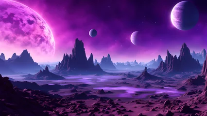 Schilderijen op glas 3d rendered space art alien planet a fantasy landscape with purple skies © MehmetKemal