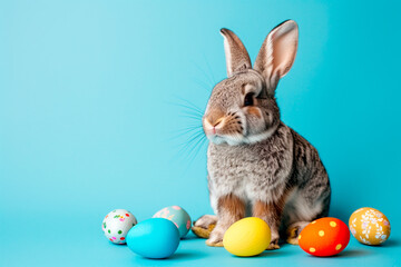 A rabbit is among a bunch of colorful Easter eggs. The rabbit looks adorable holds onto the eggs