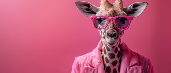 The giraffe is dressed in a pink blazer and sunglasses, oozing coolness and whimsy against a pink...