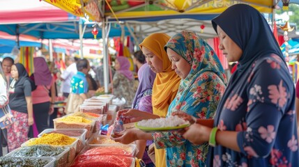Obraz premium KOTA KINABALU SABAH,MALAYSIA - MAY 31 2019: A group of people buying a local made souvenir during State level Harvest Festival Celebration in KDCA Penampang Sabah.