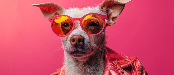 Image of a pig rocking red sunglasses, partially blurred emphasizing a magenta backdrop - obrazy, fototapety, plakaty