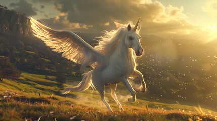Obraz na płótnie Canvas the rolling hills of a fantastical countryside, a graceful Pegasus soars through the skies, its wings outstretched as it catches the warm breeze.