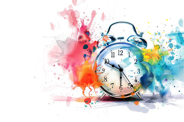 An alarm clock with colourful watercolour splashes isolated on a transparent background