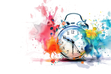 An alarm clock with colourful watercolour splashes isolated on a transparent background