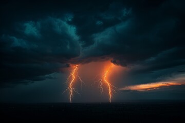 Dramatic sky with intense lightning bolts striking down near a horizon at dusk