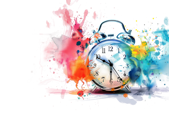An alarm clock with colourful watercolour splashes isolated on a transparent background