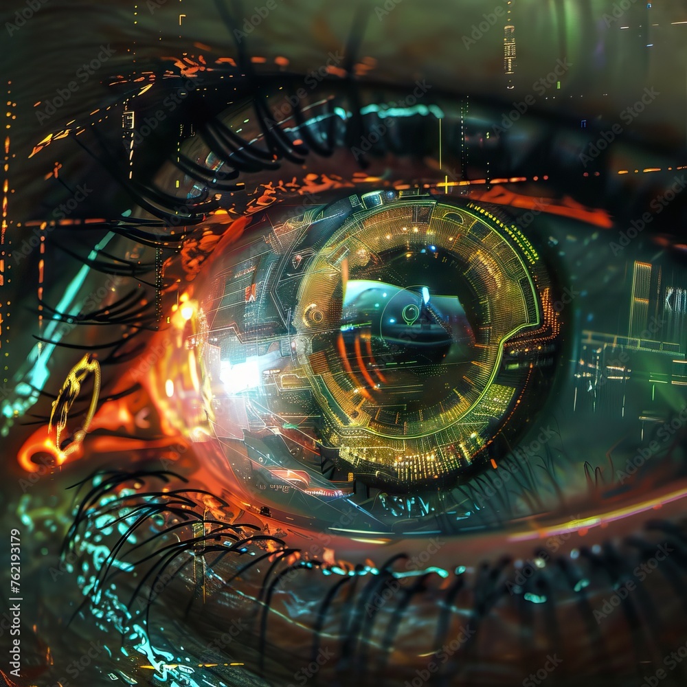 Aufkleber Close-up of a cyber eye with integrated streaming holographic data, a fusion of human and AI elements