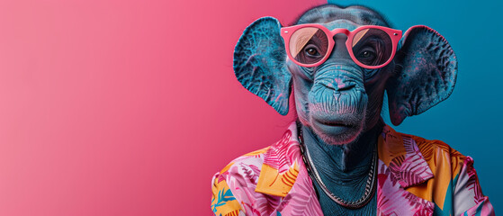 A surreal image of an individual wearing an elephant mask paired with modern vibrant clothing