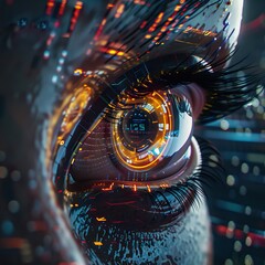 Close-up of a cyber eye with integrated streaming holographic data, a fusion of human and AI elements