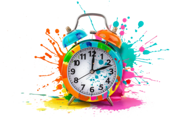 An alarm clock with colourful watercolour splashes isolated on a transparent background