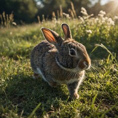 Fototapeta premium One sunny morning, Kiki the little rabbit ran happily in the meadow. His nimble legs made him jump up and down excitedly. In the middle of his journey, Kiki met Kuro the turtle who was walking slowly.