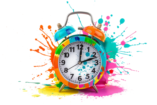 An alarm clock with colourful watercolour splashes isolated on a transparent background