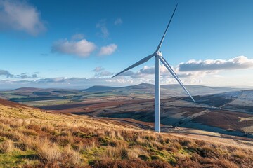 Professional Photography of a Wind Farm Against a Backdrop of Rolling Hills and Clear Skies, Generative AI