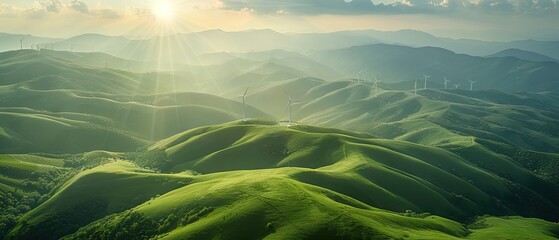 Majestic sunrise over verdant mountain ridges with wind turbines, a vision of green energy