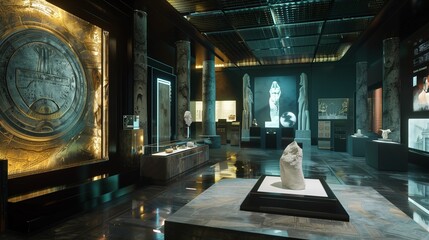 virtual museum of ancient technology, where holographic exhibits showcase the marvels of bygone eras, juxtaposed against sleek, modern architecture.