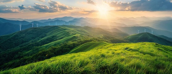 Majestic sunrise over verdant mountain ridges with wind turbines, a vision of green energy - obrazy, fototapety, plakaty