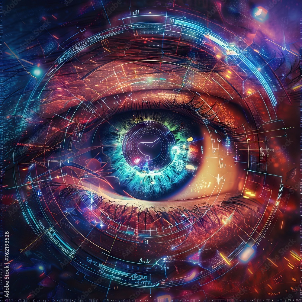 Aufkleber enigmatic eye encircled by dynamic holographic data, symbolizing vision and future technology