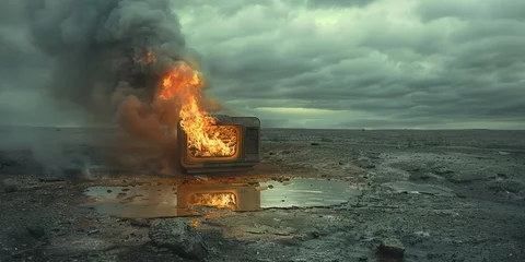 Fotobehang Isolated air conditioner ablaze in a desolate landscape, reflecting environmental decay © DJSPIDA FOTO