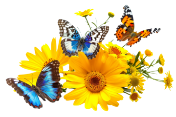Beautiful yellow Daisy flower and colourful butterfly isolated on transparent background