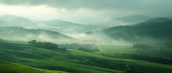 Ethereal mist over lush green mountains with wind turbines, in a serene, sustainable landscape