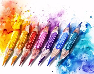 Colorful watercolor background with pencil and paint splashes various artists. - obrazy, fototapety, plakaty