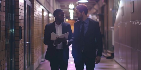 Two men in suits having a conversation in a hallway