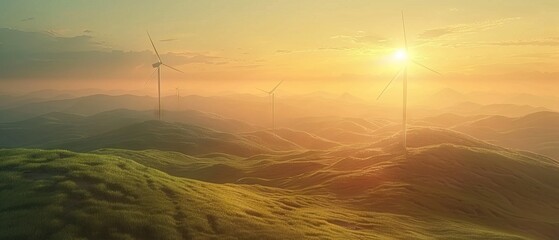 Golden hour sun illuminates wind turbines atop grassy mountains, showcasing renewable energy's harmony with nature