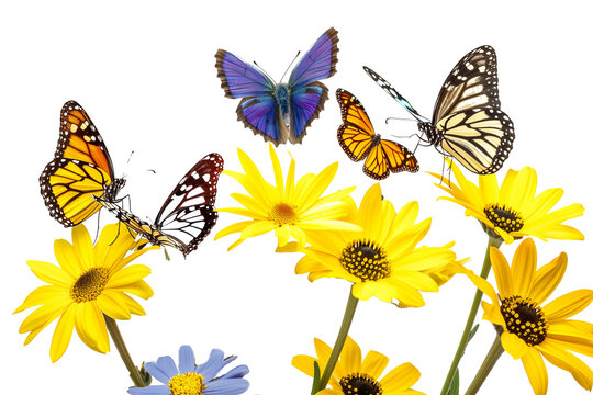 Beautiful yellow Daisy flower and colourful butterfly isolated on transparent background