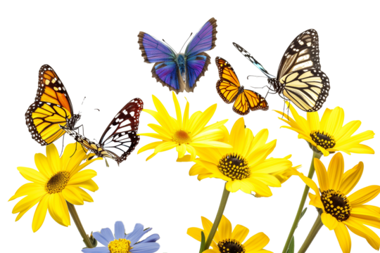 Beautiful yellow Daisy flower and colourful butterfly isolated on transparent background