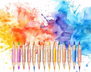 Colorful watercolor background with pencil and paint splashes various artists. - obrazy, fototapety, plakaty