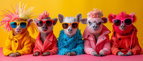 Five animals dressed in vibrant outfits with sunglasses posing against a yellow background