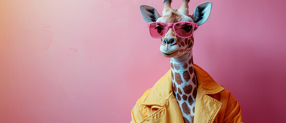 A giraffe dressed in a yellow jacket and pink shades against a pink background gives a cool urban vibe