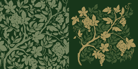 Traditional pattern with grape vine and rosehip branches. Set of seamless pattern and design element. Botanical background, vector illustration, freehand drawing.