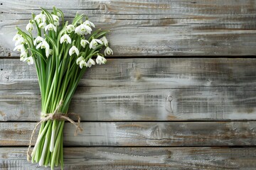 bouquet of snowdrops on wooden background