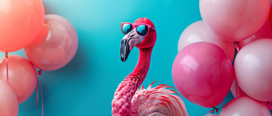 A bold, pink flamingo sports cool sunglasses amidst a sea of balloons against a teal background - obrazy, fototapety, plakaty