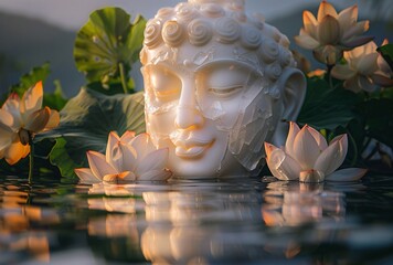 crystal lotus flower and buddha face in the water