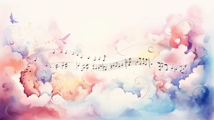 Fotobehang Musical notes among multicolored clouds, background postcard in watercolor style © kichigin19