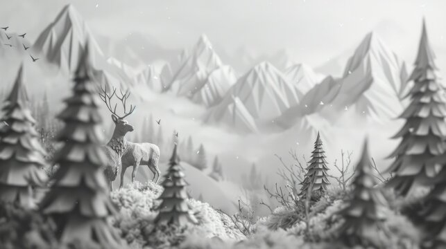 A majestic deer in a serene snowy forest, suitable for winter themes