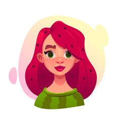 Cute Cartoon Girl with Watermelon Hair. Bright Summer Time. Cartoon Vector Character Illustration.