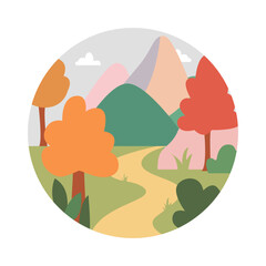 Nature and Landscape with Trees, Mountains, Plants. Vector Cartoon Illustration.