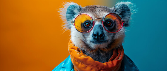 An imaginative and vibrant photograph displays a creature with an animal head dressed in blue clothing against an orange backdrop - obrazy, fototapety, plakaty