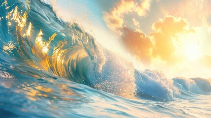 A large wave in the ocean at sunset